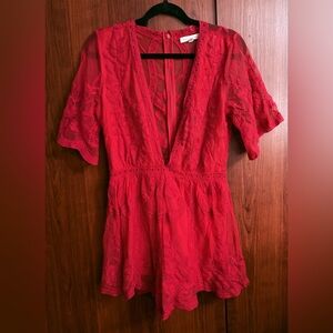 Honey Punch Vibrant Red Lace Romper